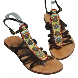 Mystique Beaded Gladiator Sandals Flats Ankle T-Strap Leather Women’s Size 7